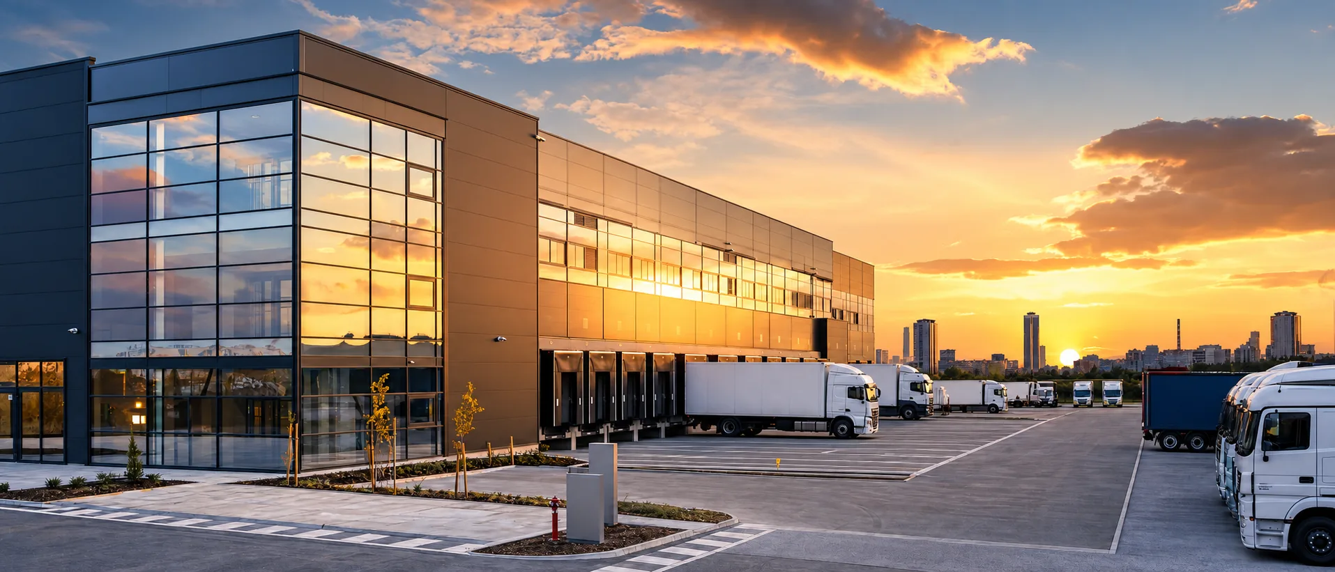 Clădire logistică modernă cu camioane la rampă, în apus, lângă București